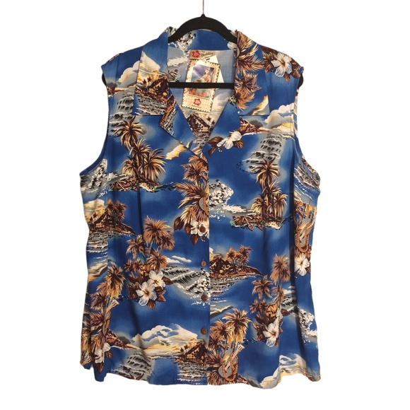 The Hawaiian Original Tops - THE HAWAIIAN ORIGINAL Blue Tan Tree Tropical Print Button Front Top 2X NWT